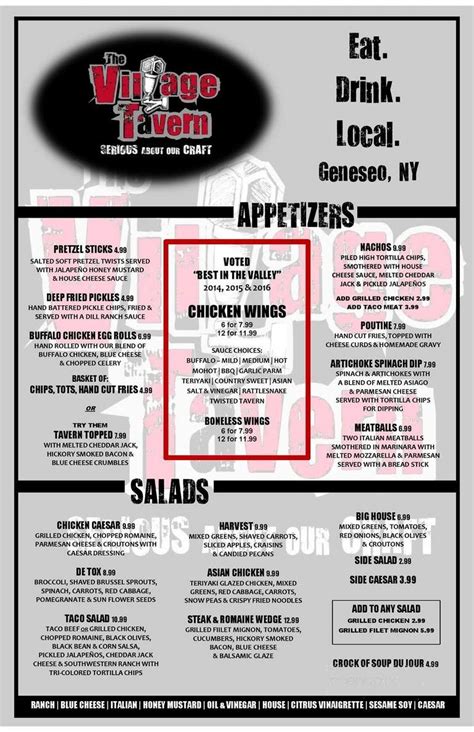 Village Tavern Menu, Geneseo, NY.